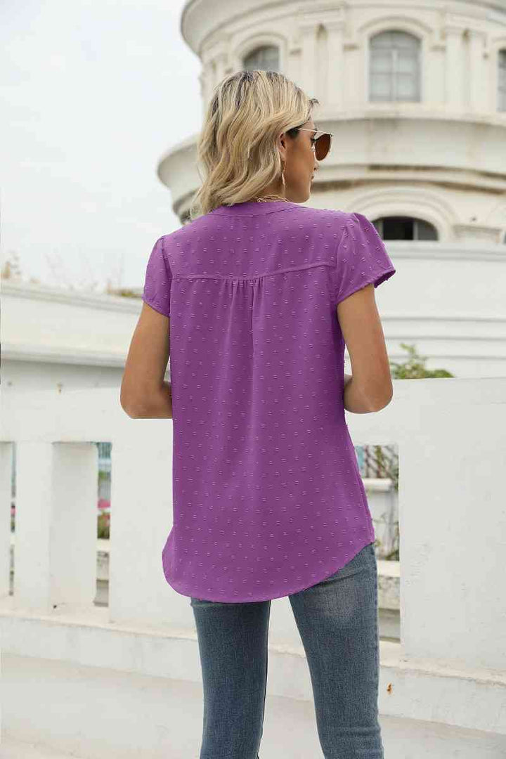 Swiss Dot Notched Neck Short Sleeve Top | 1mrk.com