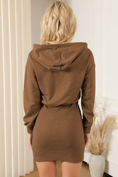 Half Zip Drawstring Hooded Mini Dress |1mrk.com