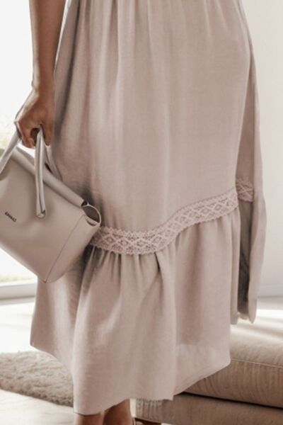 Lace Detail V-Neck Flutter Sleeve Dress |1mrk.com