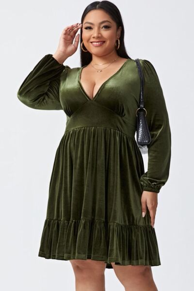 Plus Size Plunge Long Sleeve Mini Dress |1mrk.com