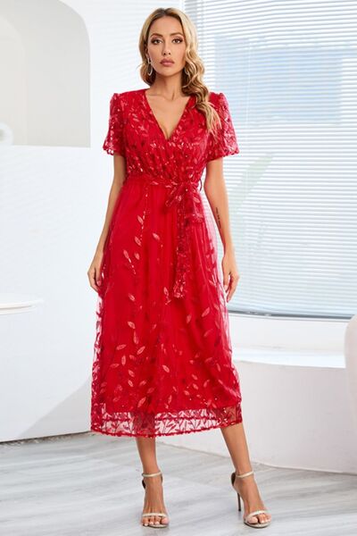 Sequin Leaf Embroidery Tie Front Short Sleeve Dress |1mrk.com