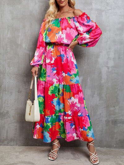 Printed Off-Shoulder Balloon Sleeve Tiered Dress |1mrk.com