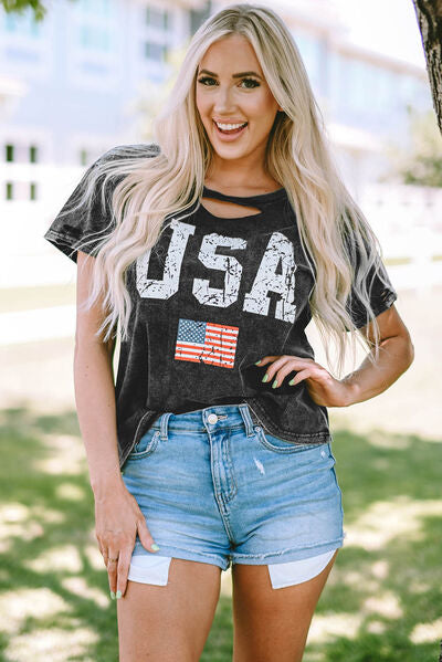 USA Cutout Round Neck Short Sleeve T-Shirt | Trendsi