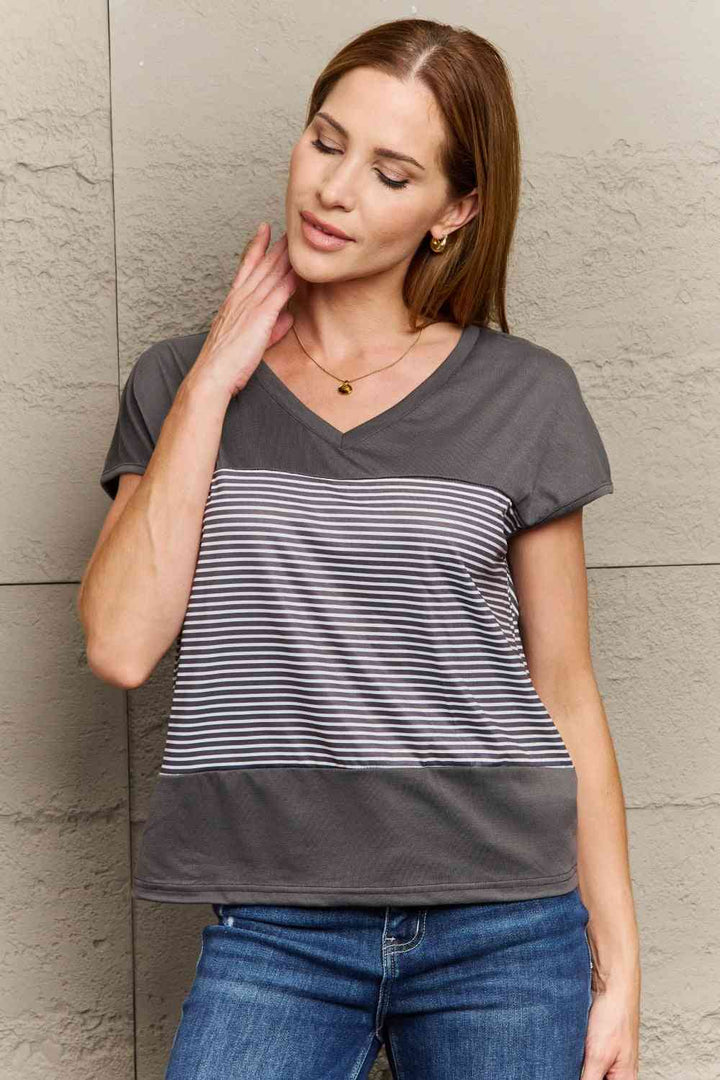 Striped V-Neck Short Sleeve T-Shirt | 1mrk.com