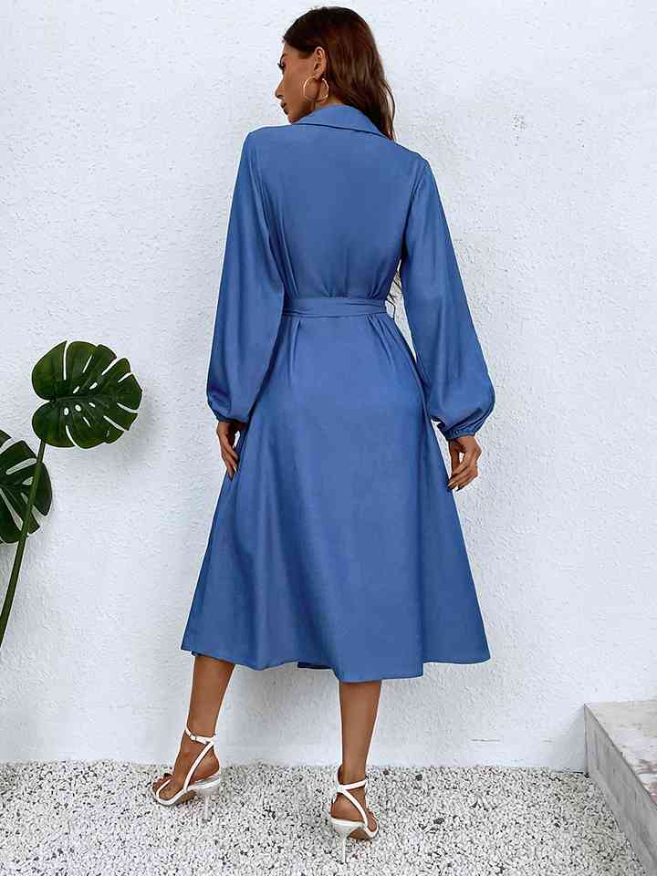 Button-Down Tie Waist Collared Neck Dress |1mrk.com