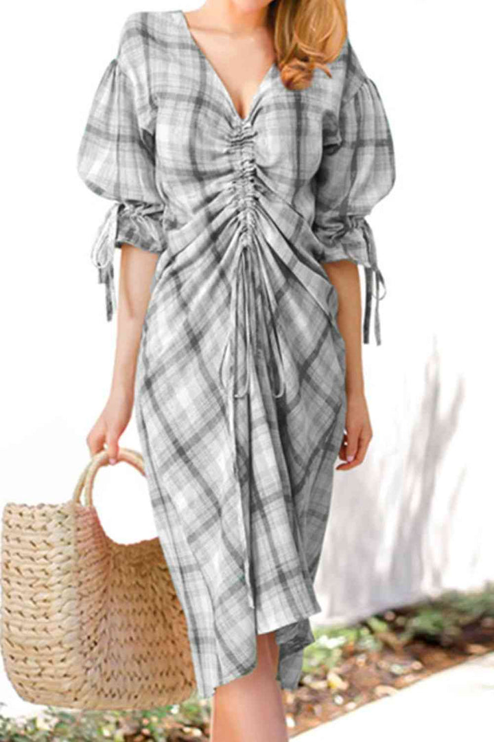 Plus Size Plaid Drawstring Detail Flounce Sleeve Dress |1mrk.com