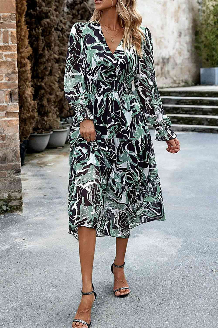 Printed Surplice Neck Flounce Sleeve Midi Dress |1mrk.com