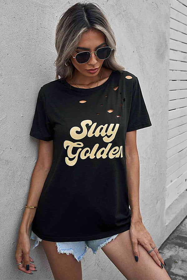 SLAY GOLDEN Distressed Round Neck Tee | 1mrk.com