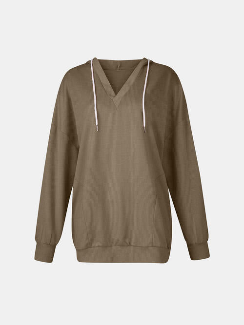 Drawstring V-Neck Long Sleeve Hoodie | 1mrk.com