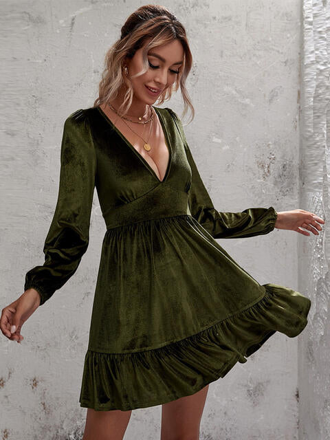 Plunge Long Sleeve Ruffle Hem Dress | 1mrk.com