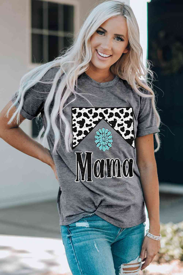 MAMA Graphic Cuffed Sleeve Round Neck Tee | 1mrk.com