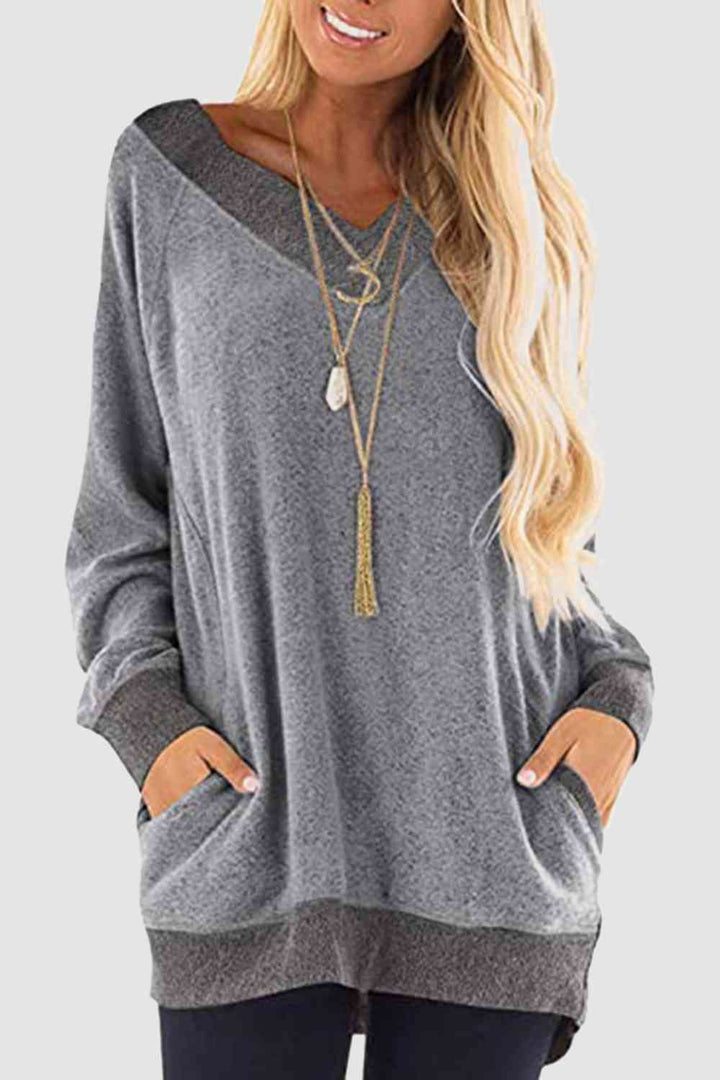 V-Neck Long Sleeve Sweatshirt with Pockets |1mrk.com