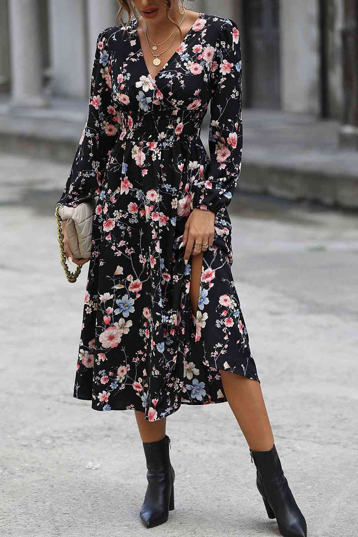 Floral Long Sleeve Surplice Neck Dress |1mrk.com