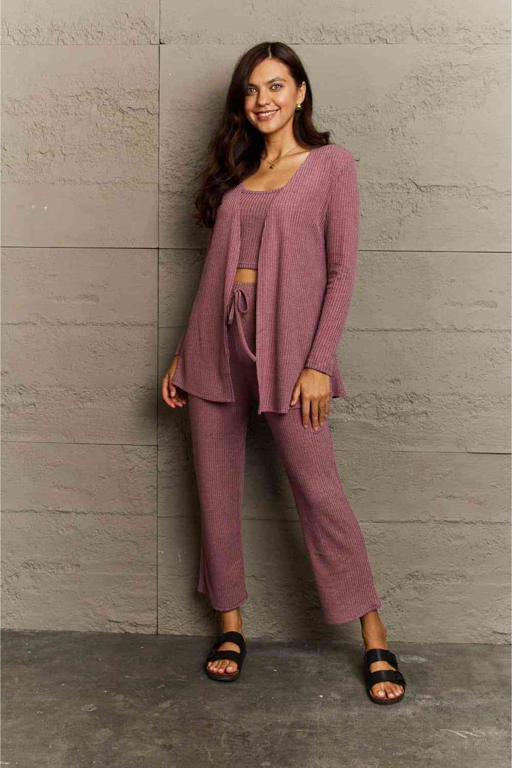 Ninexis Full Size Cropped Top, Long Pants and Cardigan Lounge Set | 1mrk.com