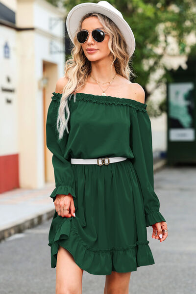 Frill Off-Shoulder Flounce Sleeve Dress |1mrk.com