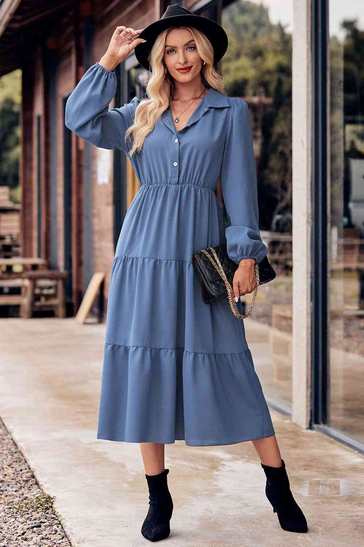 Collared Neck Long Sleeve Midi Dress |1mrk.com