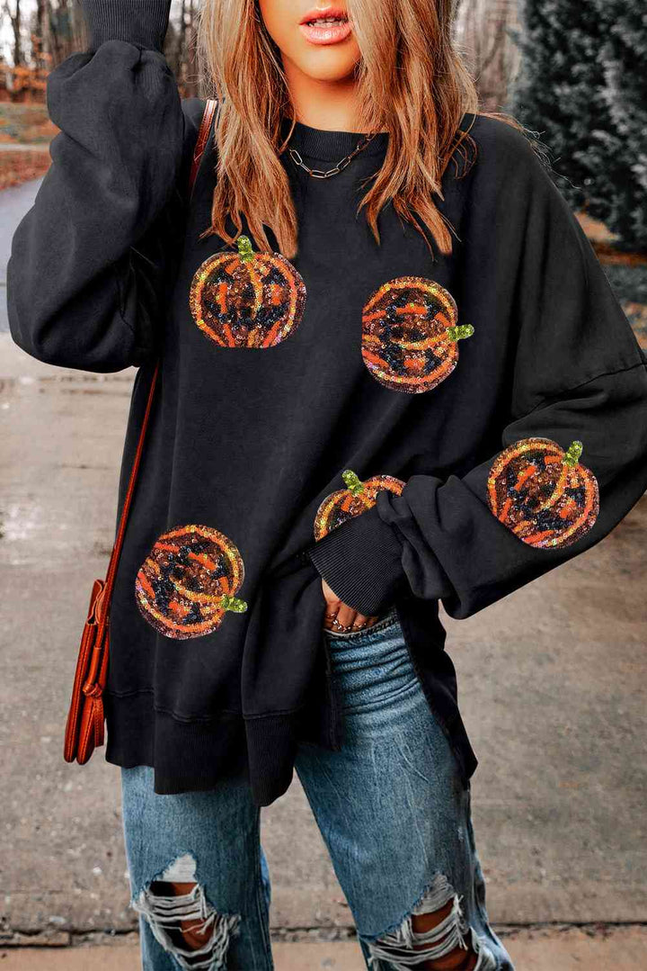 Pumpkin Print Dropped Shoulder Sweatshirt |1mrk.com