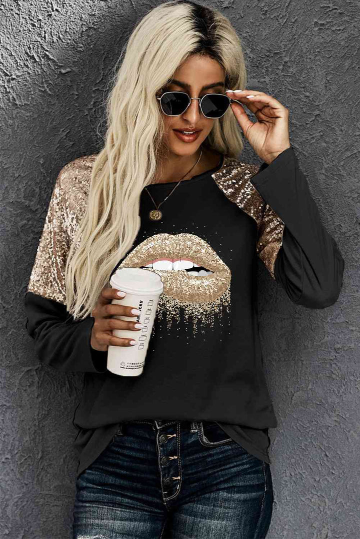 Lip Graphic Sequin Long Sleeve T-Shirt | 1mrk.com