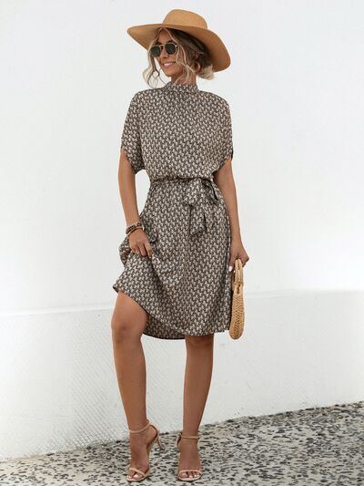 Tied Printed Mock Neck Short Sleeve Dress |1mrk.com