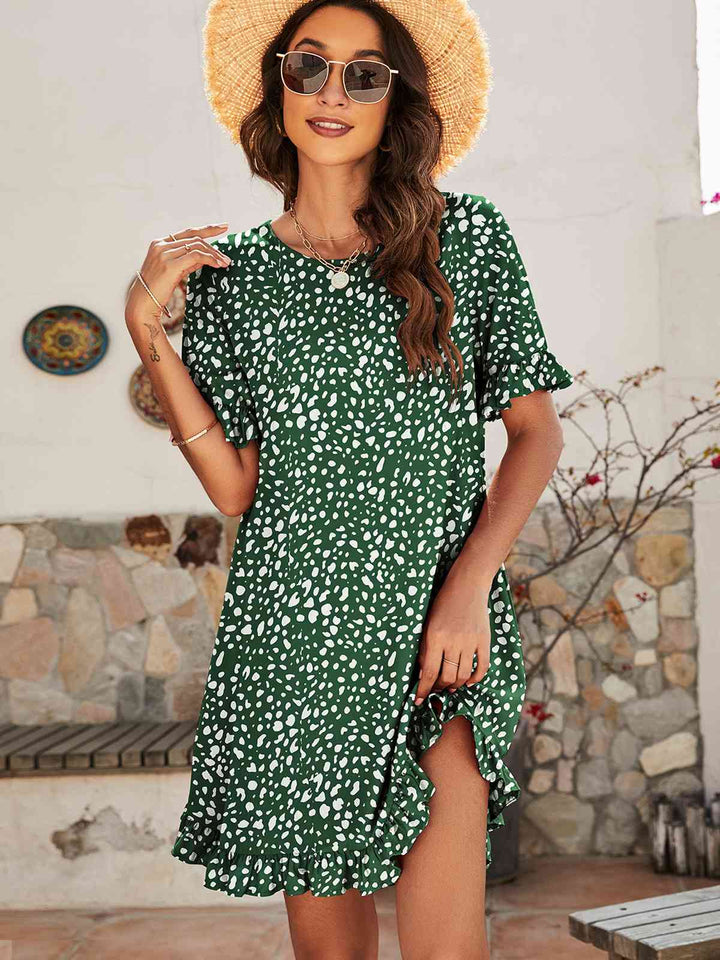 Printed Flounce Sleeve Ruffle Hem Dress |1mrk.com