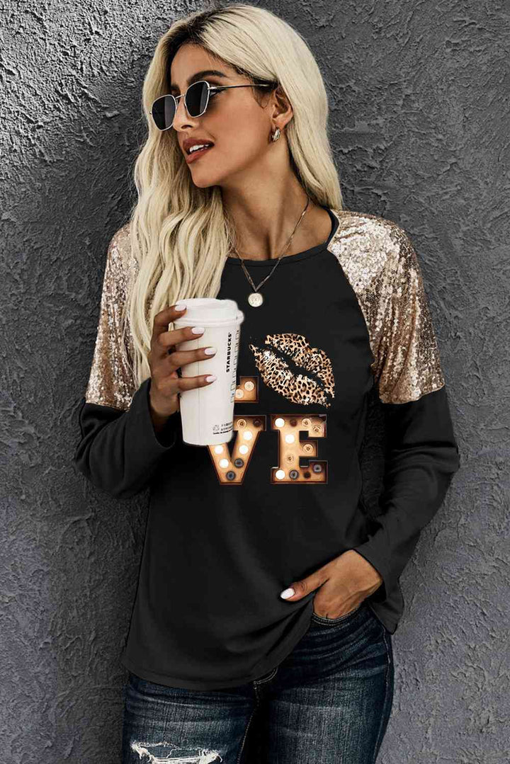 LOVE Graphic Sequin Long Sleeve T-Shirt | 1mrk.com