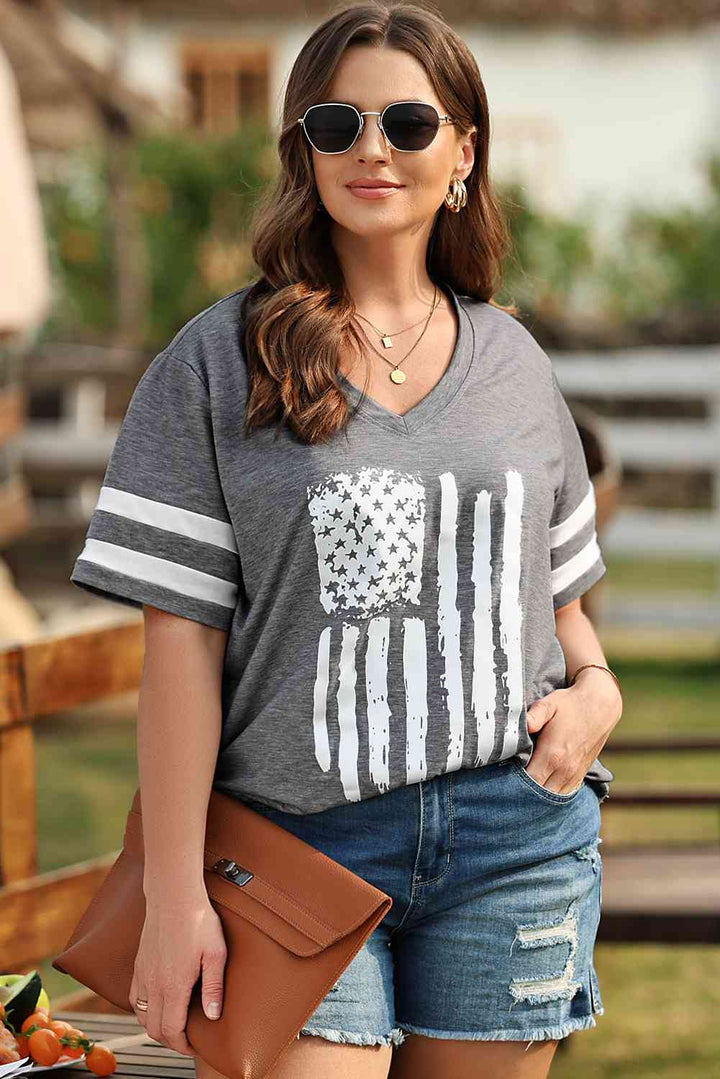 Plus Size US Flag Graphic V-Neck Tee | 1mrk.com