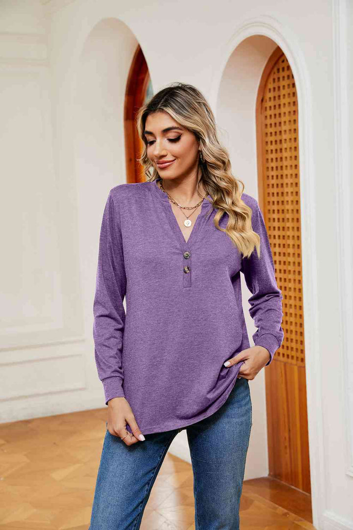 Buttoned Notched Neck Long Sleeve Top | 1mrk.com