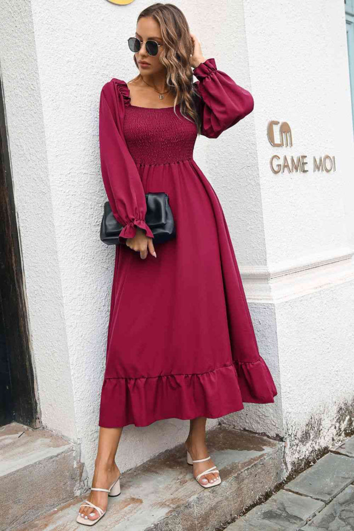 Smocked Ruffle Hem Flounce Sleeve Dress |1mrk.com