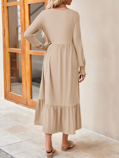 Round Neck Lantern Sleeve Ruffle Hem Dress | 1mrk.com