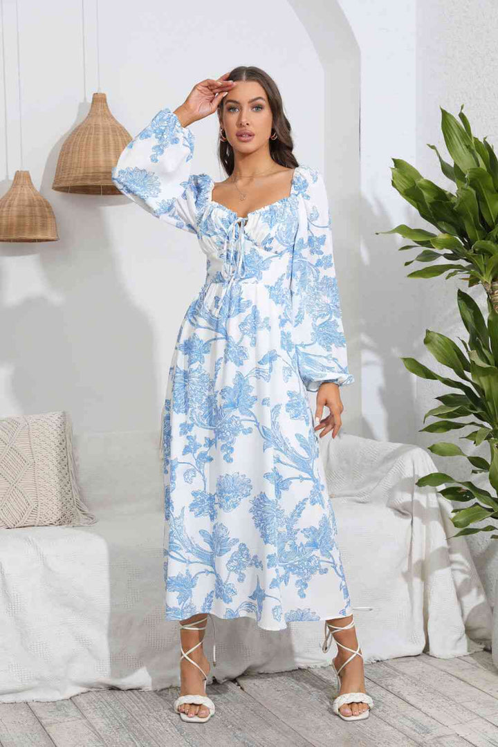 Floral Tie Front Sweetheart Neck Midi Dress |1mrk.com