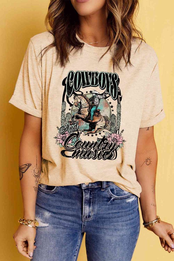 Short Sleeve Round Neck Cowboy Graphic Tee | 1mrk.com