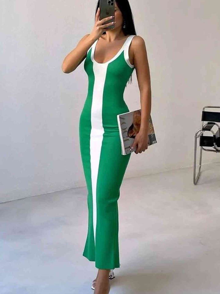 Contrast Wide Strap Slit Midi Dress |1mrk.com