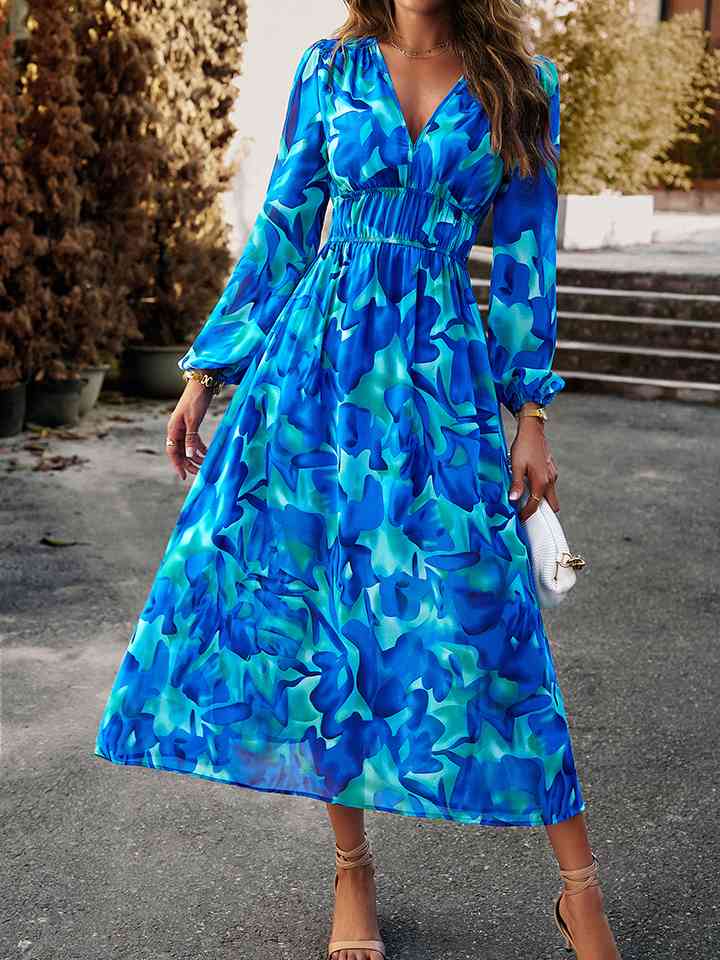 Printed V-Neck Long Sleeve Midi Dress |1mrk.com