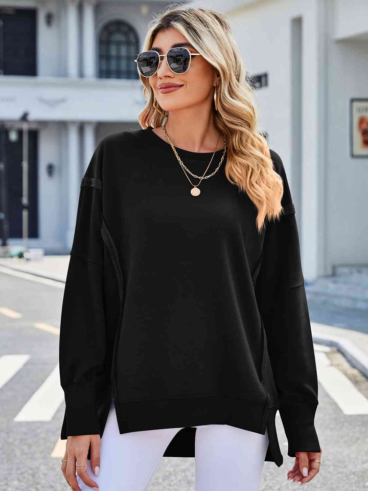 Exposed Seam High-Low Round Neck Sweatshirt |1mrk.com