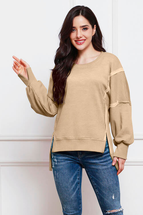 Exposed Seam High-Low Slit Sweatshirt | 1mrk.com