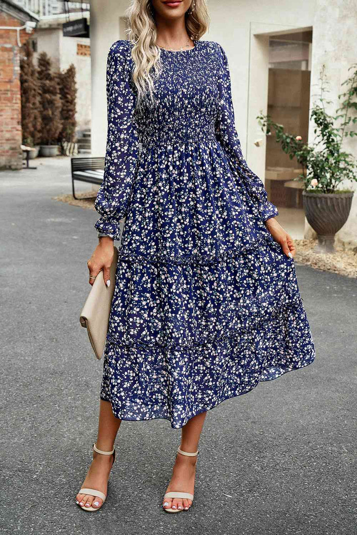 Smocked Flounce Sleeve Midi Dress | 1mrk.com