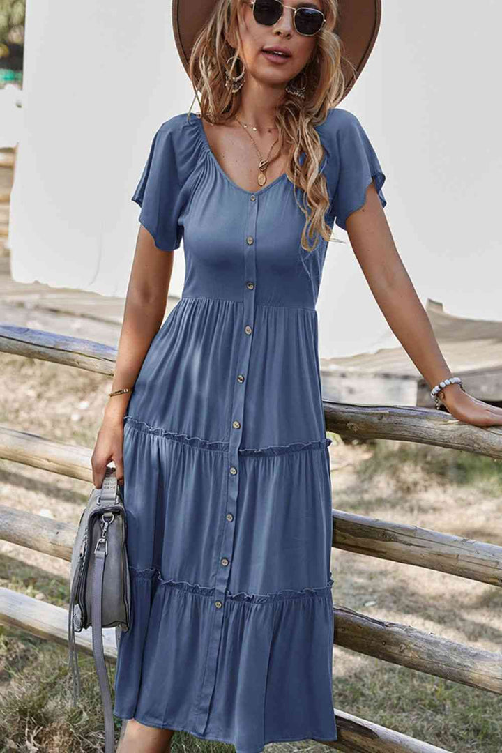 Short Sleeve Frill Trim Buttoned Dress |1mrk.com