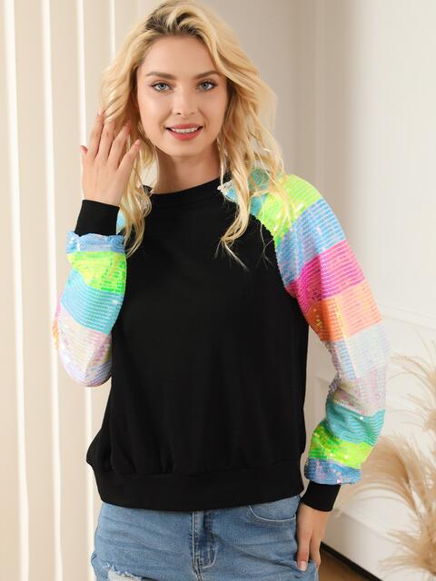 Sequin Round Neck Color Block  Sleeve Sweatshirt |1mrk.com