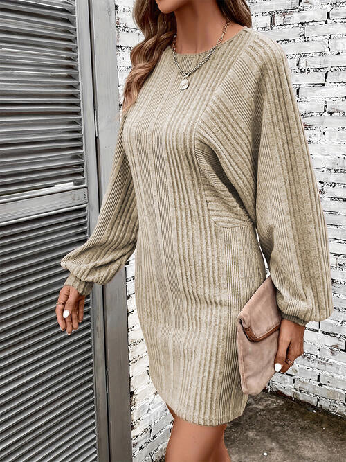 Ribbed Round Neck Long Sleeve Dress | 1mrk.com