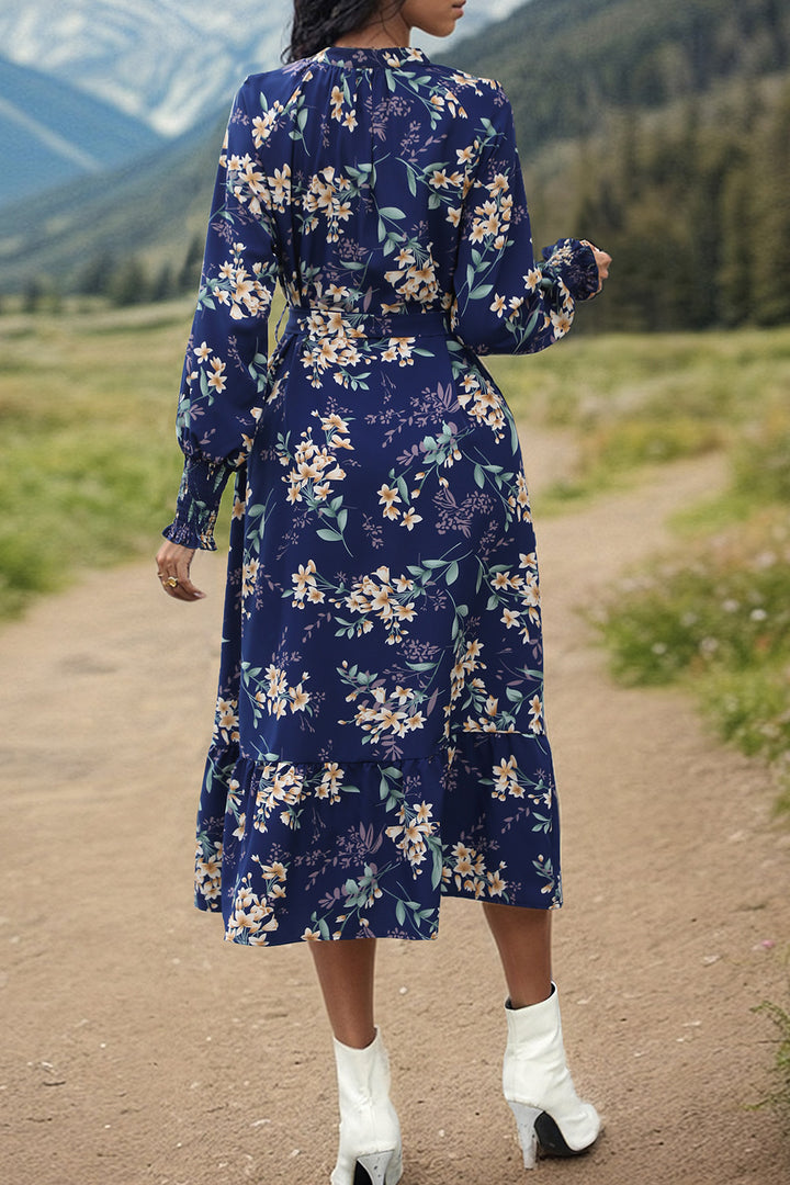 Printed Notched Lantern Sleeve Midi Dress | Trendsi