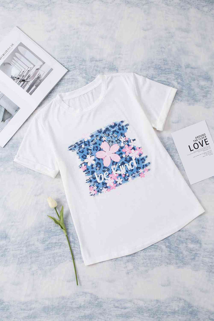 Leopard Floral Graphic Round Neck Tee | 1mrk.com