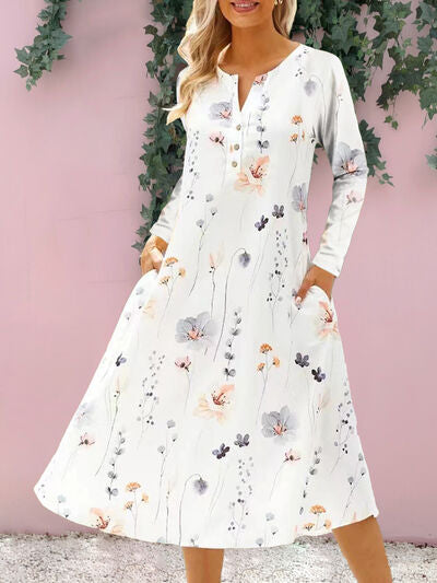 Floral Notched Long Sleeve Midi Dress |1mrk.com