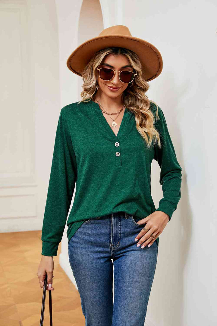 Buttoned Notched Neck Long Sleeve Top | 1mrk.com