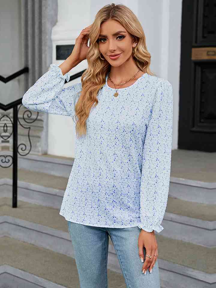 Printed Round Neck Flounce Sleeve Blouse | 1mrk.com