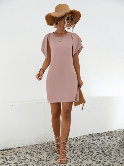 Round Neck Flutter Sleeve Mini Dress |1mrk.com