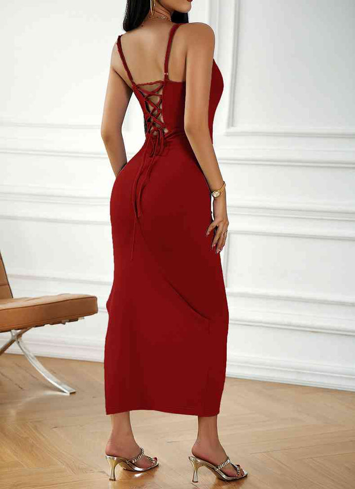 Lace-Up Spaghetti Strap Slit Dress |1mrk.com