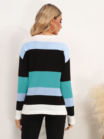 Striped Round Neck Dropped Shoulder Sweater |1mrk.com