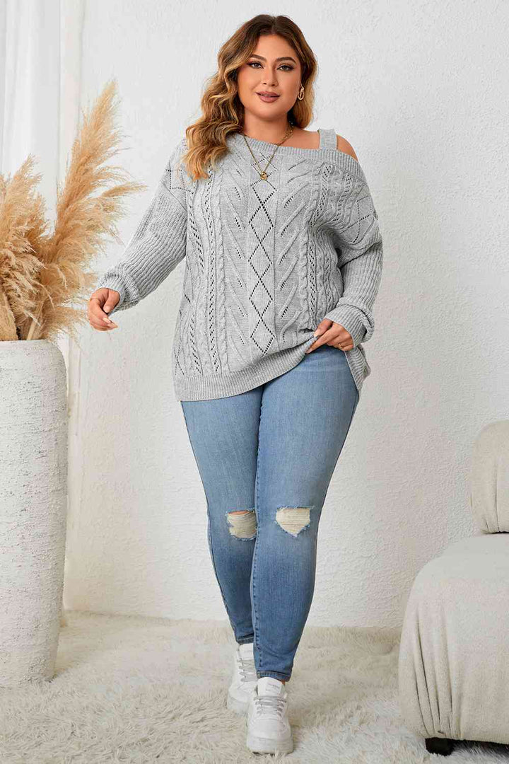 Plus Size Cold Shoulder Asymmetrical Cable-Knit Top | 1mrk.com