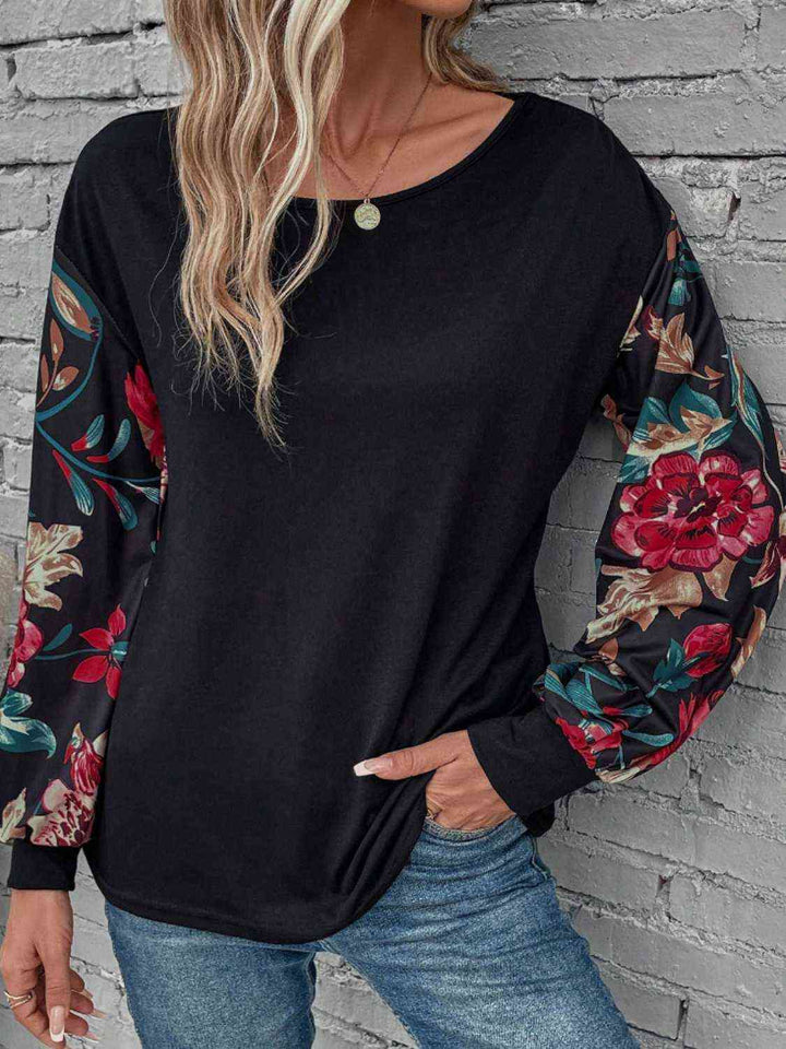 Floral Round Neck Long Sleeve Top | 1mrk.com