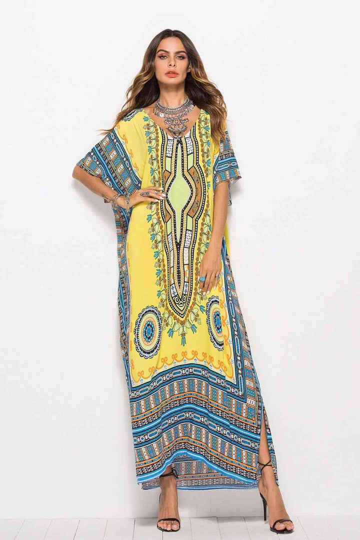 Printed V-Neck Side Slit Maxi Dress |1mrk.com